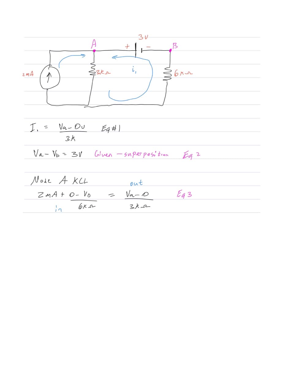 2MA
↑
I.
Va - Ou
3k
Va-V₂-
= 31
Node A KCL
ZMA + O- VD
in
вка
3km
Eg #1
+
i,
зи
|
mm.
out
Va-O
3k2
Given-superposition.
B
16 км
E92
E93