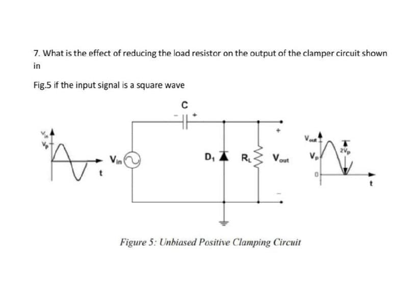 7. What is the effect of reducing the load resistor on the output of the clamper circuit shown
in
Fig.5 if the input signal is a square wave
C
n.
T
2Vp
D, Z
R₁
A: 40
"A
Vin
H
Figure 5: Unbiased Positive Clamping Circuit
3H
Vout