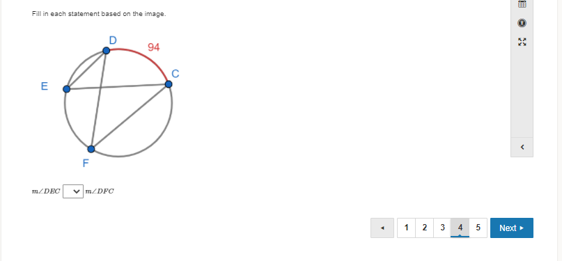 Fill in each statement based on the image.
94
C
E
F
|m/DFC
m/DEC
1 2
4
5
Next
