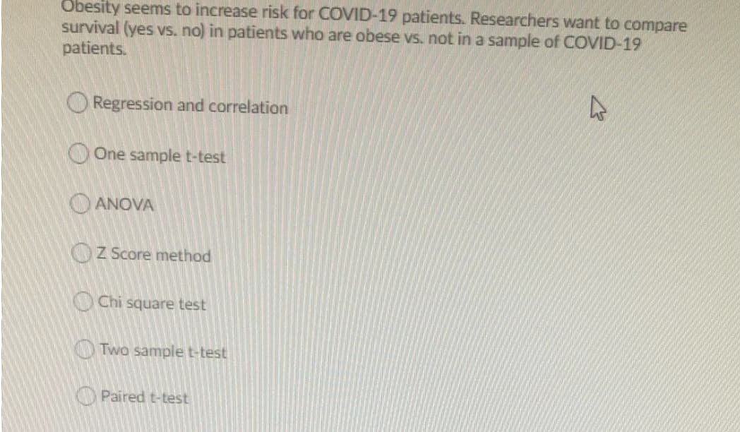 Obesity seems to increase risk for COVID-19 patients. Researchers want to compare
survival (yes vs. no) in patients who are obese vis. not in a sample of COVID-19
patients.
ORegression and correlation
O One sample t-test
O ANOVA
OZ Score method
O Chi square test
Two sample t-test
O Paired t-test
