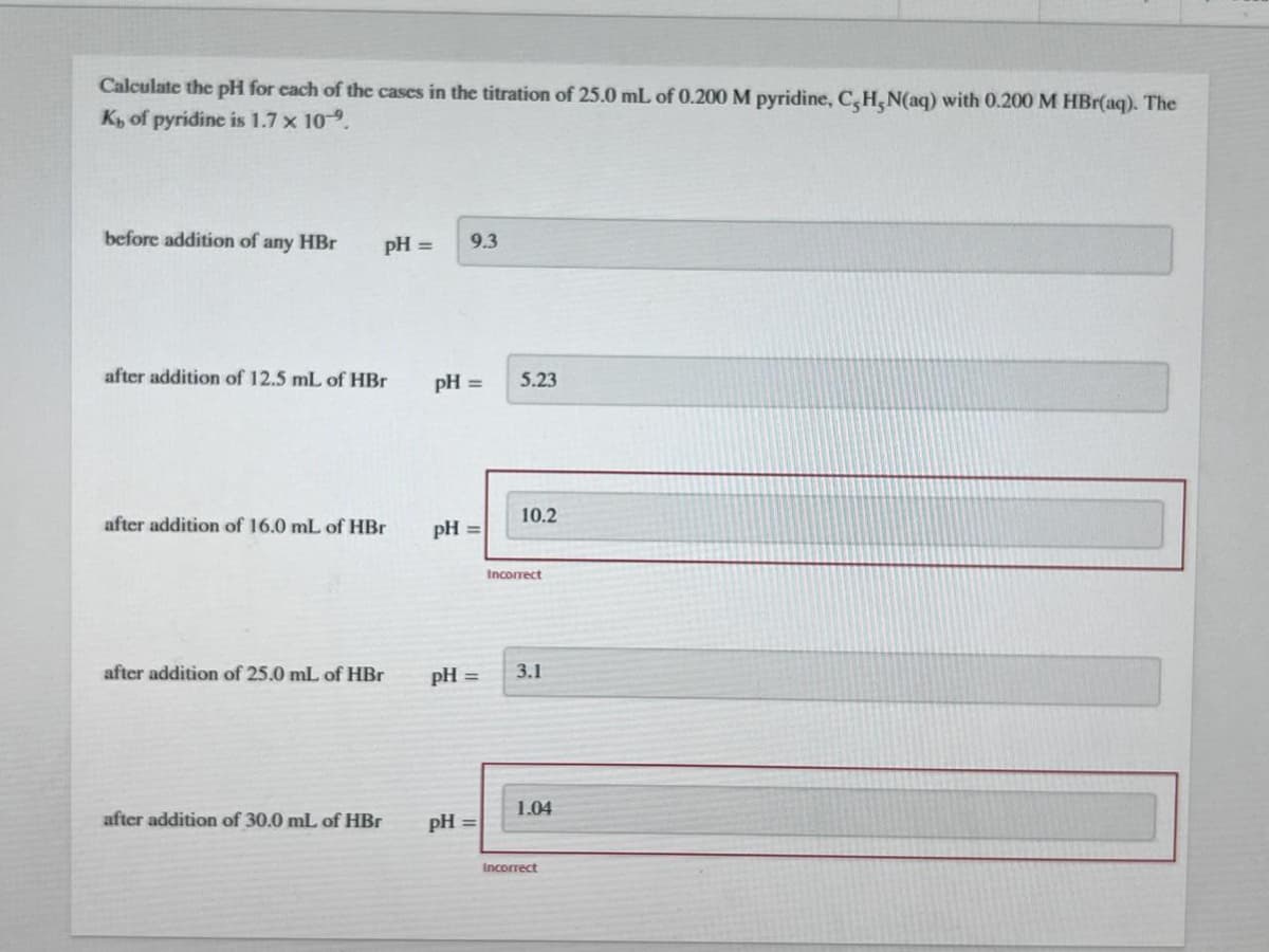 Calculate the pH for each of the cases in the titration of 25.0 mL of 0.200 M pyridine, C, H,N(aq) with 0.200 M HBr(aq). The
K, of pyridine is 1.7 x 10.
before addition of any HBr
pH = 9.3
after addition of 12.5 mL of HBr
after addition of 16.0 mL of HBr
after addition of 25.0 mL of HBr
after addition of 30.0 mL of HBr
pH =
pH =
pH =
pH =
5.23
10.2
Incorrect
3.1
1.04
Incorrect
W