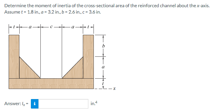 Determine the moment of inertia of the cross-sectional area of the reinforced channel about the x-axis.
Assume t = 1.8 in., a = 3.2 in., b = 2.6 in., c = 3.6 in.
pra-
a+²
Answer: Ix = i
in.4
a
x