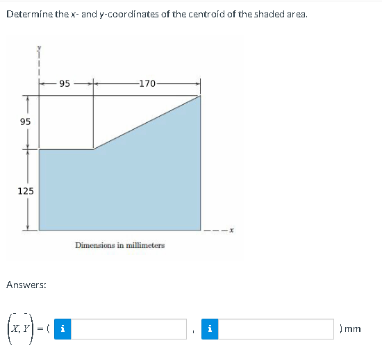 Determine the x- and y-coordinates of the centroid of the shaded area.
95
125
Answers:
95
|X, Y| = i
-
-170-
Dimensions in millimeters
)mm