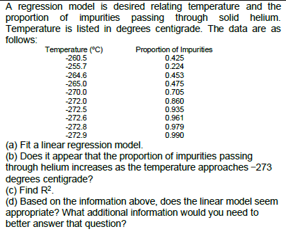 A regression model is desired relating temperature and the
proportion of impurities passing through solid helium.
Temperature is listed in degrees centigrade. The data are as
follows:
Temperature (°C)
-260.5
-255.7
-264.6
-265.0
-270.0
-272.0
-272.5
-272.6
-272.8
-272.9
Proportion of Impurities
0.425
0.224
0.453
0.475
0.705
0.860
0.935
0.961
0.979
0.990
(a) Fit a linear regression model.
(b) Does it appear that the proportion of impurities passing
through helium increases as the temperature approaches -273
degrees centigrade?
(c) Find R².
(d) Based on the information above, does the linear model seem
appropriate? What additional information would you need to
better answer that question?