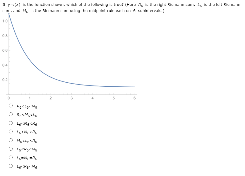 If y=f(x) is the function shown, which of the following is true? (Here Rs is the right Riemann sum, L6 is the left Riemann
sum, and Mg is the Riemann sum using the midpoint rule each on 6 subintervals.)
1.0
0.8
0.6
0.4
0.2
1
2
Rg<L6<M6
Rg<Mg<L6
O Lg<M5<R5
O Lg<Mg<R6
O Mg<L5<R6
L6<Rg<M6
O Lg=M5=R6
O Lg<Rg<M6
