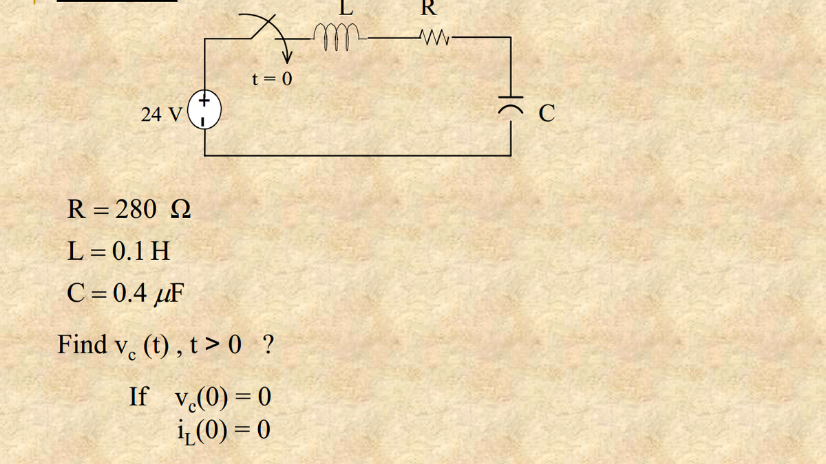 R
t = 0
24 V
C
R = 280 Q
L = 0.1 H
C = 0.4 µF
Find v. (t) , t > 0 ?
If v.(0) = 0
i(0) = 0
