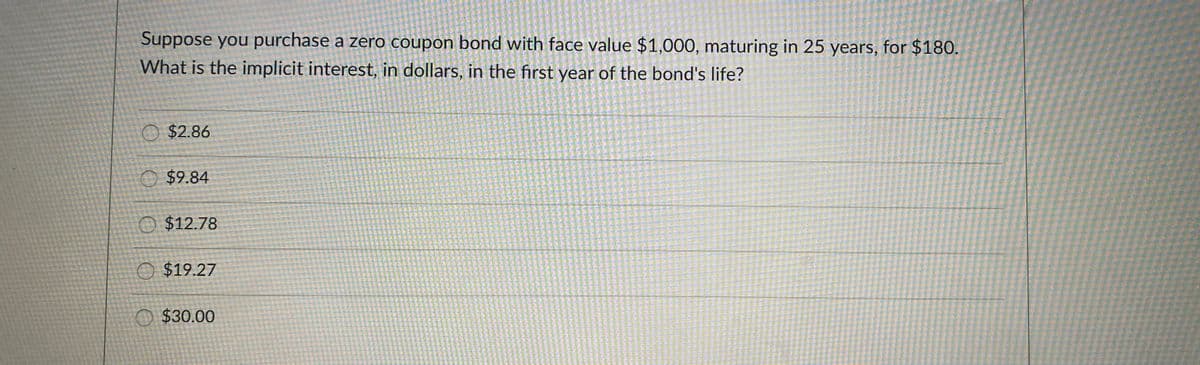 Suppose you purchase a zero coupon bond with face value $1,000, maturing in 25 years, for $180.
What is the implicit interest, in dollars, in the first year of the bond's life?
O $2.86
O $9.84
O $12.78
O $19.27
O $30.00
