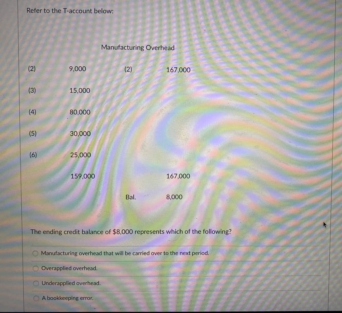 Refer to the T-account below:
Manufacturing Overhead
(2)
9,000
(2)
167,000
(3)
15,000
(4)
80,000
(5)
30,000
(6)
25,000
159,000
167,000
Bal.
8,000
The ending credit balance of $8,000 represents which of the following?
Manufacturing overhead that will be carried over to the next period.
Overapplied overhead.
Underapplied overhead.
O A bookkeeping error.
