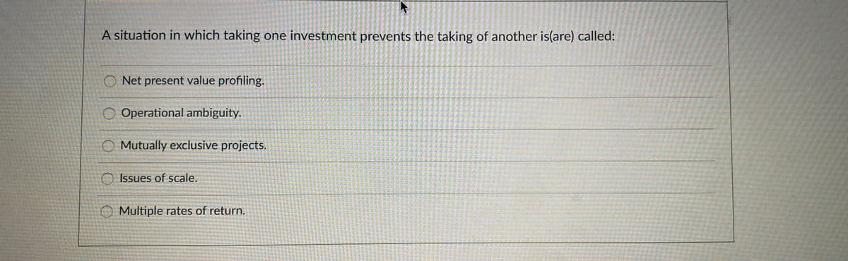 A situation in which taking one investment prevents the taking of another is(are) called:
O Net present value profiling.
Operational ambiguity.
Mutually exclusive projects.
O Issues of scale.
O Multiple rates of return.
