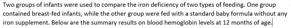 Two groups of infants were used to compare the iron deficiency of two types of feeding. One group
contained breast-fed infants, while the other group were fed with a standard baby formula without any
iron supplement. Below are the summary results on blood hemoglobin levels at 12 months of age.
