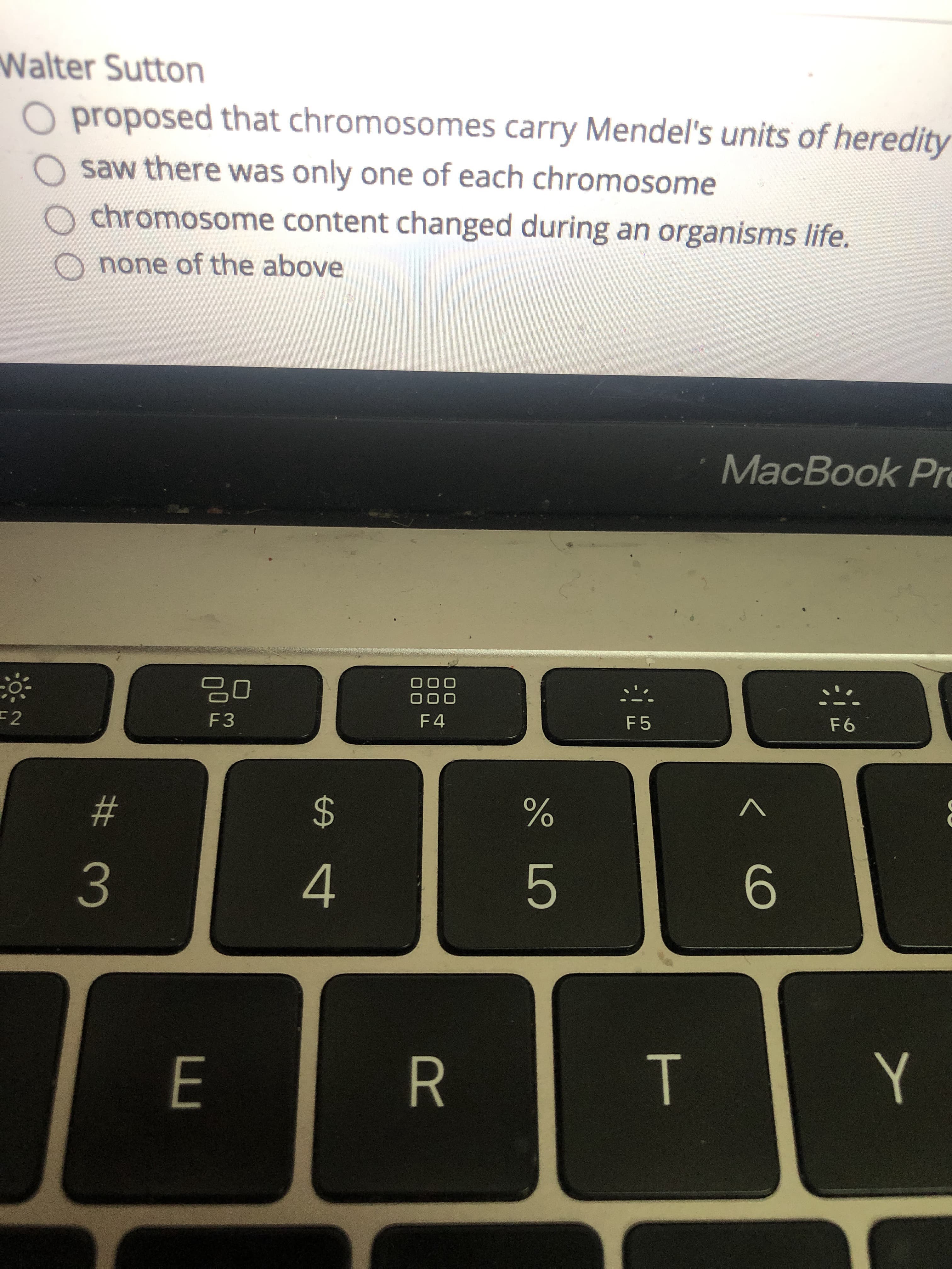 **Quiz Question on Chromosomes by Walter Sutton**

Which of the following statements is attributed to Walter Sutton?

- O proposed that chromosomes carry Mendel's units of heredity
- O saw there was only one of each chromosome
- O chromosome content changed during an organism's life
- O none of the above

---

Note: There are no graphs or diagrams in the provided image.