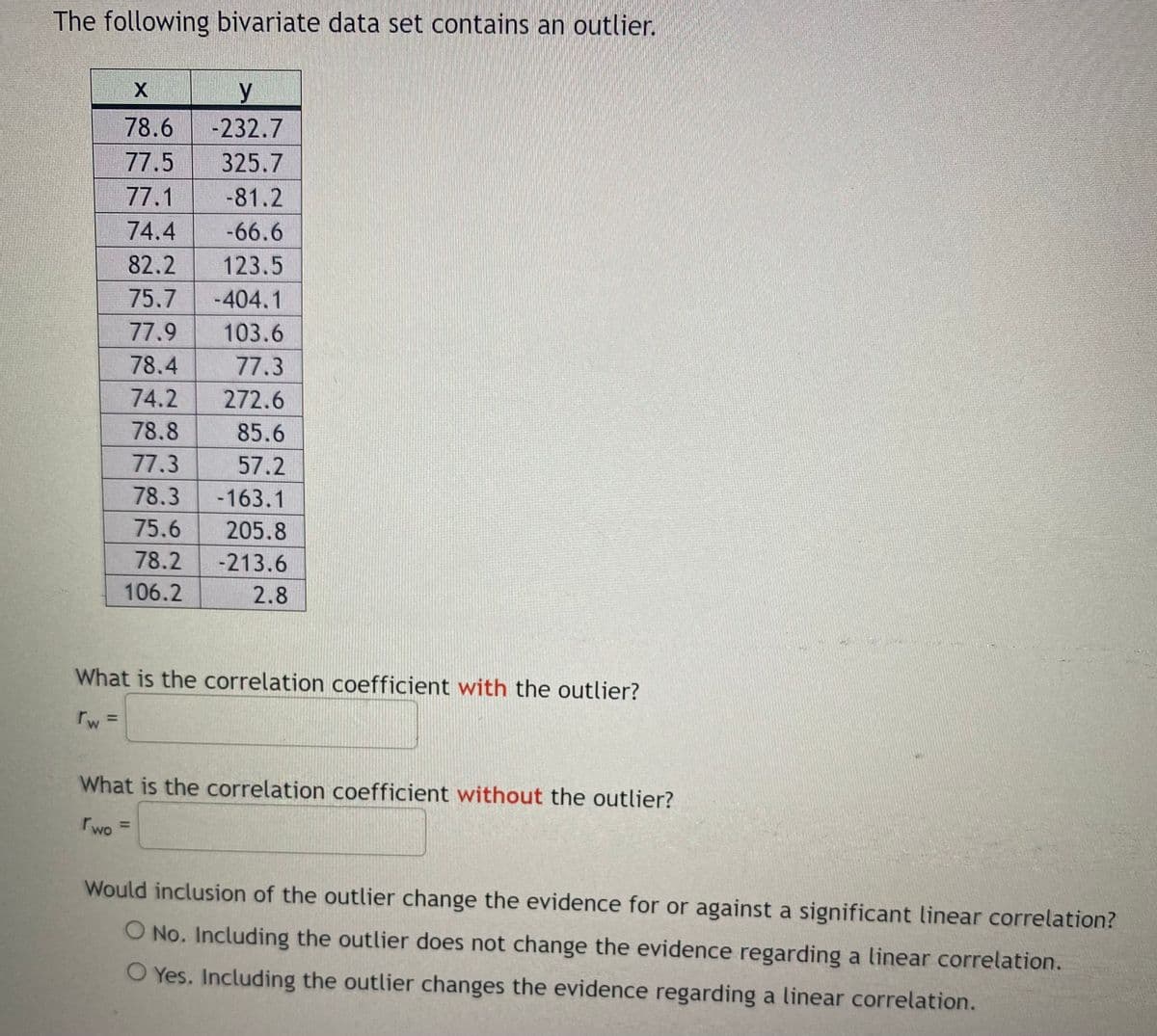 The following bivariate data set contains an outlier.
y
78.6
-232.7
77.5
325.7
77.1
-81.2
74.4
-66.6
82.2
123.5
75.7
-404.1
77.9
103.6
78.4
77.3
74.2
272.6
78.8
85.6
77.3
57.2
78.3
-163.1
75.6
205.8
78.2
-213.6
106.2
2.8
What is the correlation coefficient with the outlier?
rw =
%3D
What is the correlation coefficient without the outlier?
rwo
%3D
Would inclusion of the outlier change the evidence for or against a significant linear correlation?
O No. Including the outlier does not change the evidence regarding a linear correlation.
O Yes. Including the outlier changes the evidence regarding a linear correlation.

