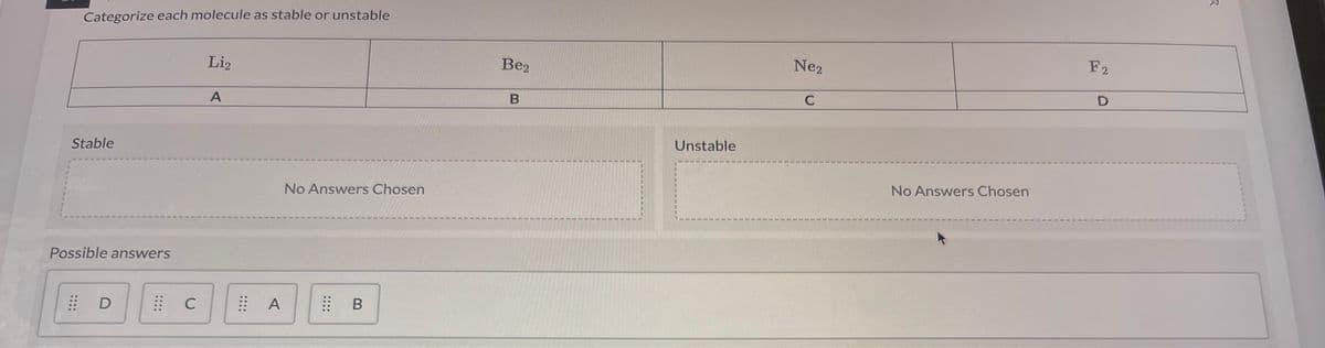 Categorize each molecule as stable or unstable
Stable
Possible answers
D
C
Li₂
A
A
No Answers Chosen
B
Be₂
B
Unstable
Ne₂
C
No Answers Chosen
F2
D
x