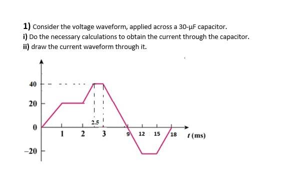 1) Consider the voltage waveform, applied across a 30-µF capacitor.
i) Do the necessary calculations to obtain the current through the capacitor.
ii) draw the current waveform through it.
40
20
3
18
t (ms)
9
12 15
-20
2.
