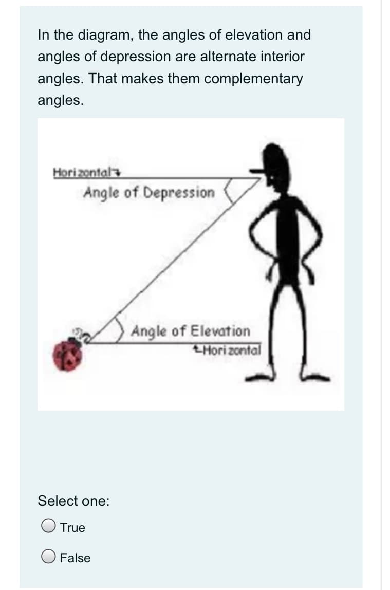In the diagram, the angles of elevation and
angles of depression are alternate interior
angles. That makes them complementary
angles.
Hori zontala
Angle of Depression
Angle of Elevation
EHori zontal
Select one:
O True
False
