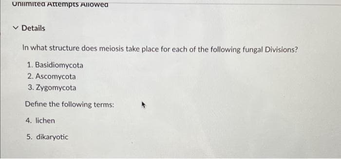 Unlimited Attempts Allowed
✓ Details
In what structure does meiosis take place for each of the following fungal Divisions?
1. Basidiomycota
2. Ascomycota
3. Zygomycota
Define the following terms:
4. lichen
5. dikaryotic