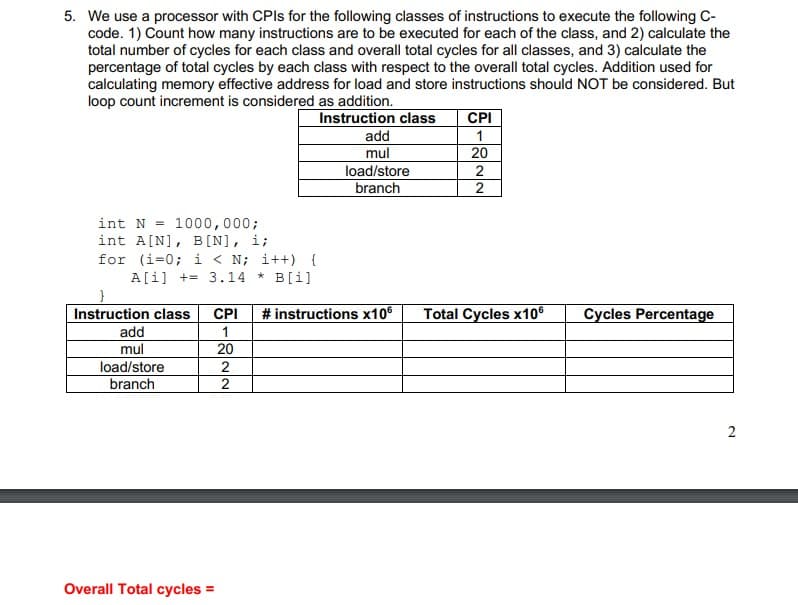 5. We use a processor with CPIS for the following classes of instructions to execute the following C-
code. 1) Count how many instructions are to be executed for each of the class, and 2) calculate the
total number of cycles for each class and overall total cycles for all classes, and 3) calculate the
percentage of total cycles by each class with respect to the overall total cycles. Addition used for
calculating memory effective address for load and store instructions should NOT be considered. But
loop count increment is considered as addition.
Instruction class
add
mul
load/store
branch
CPI
1
20
2
2
int N = 1000,000;
int A[N], B[N], i;
for (i=0; i < N; i++) {
A[i] += 3.14 * B[i]
Instruction class
CPI
# instructions x106
Total Cycles x106
Cycles Percentage
add
1
mul
20
load/store
branch
2
Overall Total cycles =
2/2
