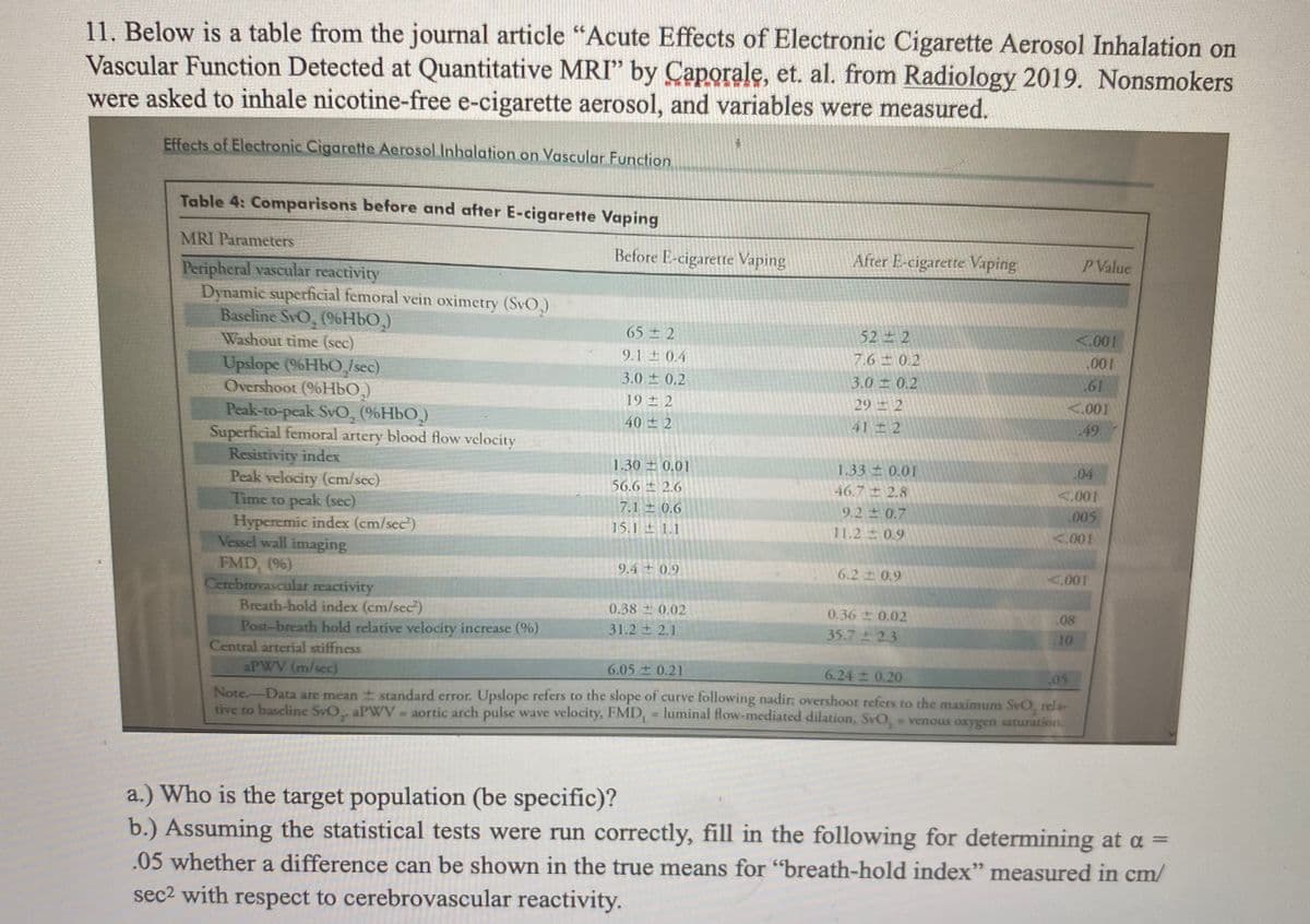 11. Below is a table from the journal article "Acute Effects of Electronic Cigarette Aerosol Inhalation on
Vascular Function Detected at Quantitative MRI" by Caporale, et. al. from Radiology 2019. Nonsmokers
were asked to inhale nicotine-free e-cigarette aerosol, and variables were measured.
Effects of Electronic Cigarette Aerosol Inhalation on Vascular Function
Table 4: Comparisons before and after E-cigarette Vaping
MRI Parameters
Before E-cigarette Vaping
After E-cigarette Vaping
P Value
Peripheral vascular reactivity
Dynamic superficial femoral vein oximetry (SvO,)
Baseline SvO, (96HBO,)
Washout time (sec)
52 2
7.6 0.2
65 2
<.001
9.1 0.4
3.0 0.2
19 2
.001
Upslope (96H60 /sec)
Overshoot (%HbO,)
Peak-to-peak SvO, (%HbO_)
Superficial femoral artery blood flow velocity
Resistivity index
Peak velocity (cm/sec)
Time to peak (sec)
Hyperemic index (cm/sec)
Vessel wall imaging
FMD, (%)
Cerebrovascular reactivity
Breath-hold index (cm/sec)
Post-breath hold relative velocity increase (%)
Central arterial stiffness
aPWV (m/sec)
3.0 0.2
61
29 2
<.001
40 ± 2
41 ± 2
49
1.33 0.01
46.7 2.8
9.2 0.7
11.2 0.9
1.30 0.01
04
56.6 t 2.6
<.001
7.1 ± 0.6
.005
15.1 1.1
<.001
9.4 0.9
6.2 0.9
<.001
0.36 0.02
35.7 2.3
0.38 0.02
.08
31.2 ± 2.1
.10
6.05 0.21
6.24 0.20
,05
Note-Data are mean standard error. Upslope refers to the slope of curve following nadir; overshoot refers to the maximum SvO, rela-
tive to baseline SvO, aPWV = aortic arch pulse wave velocity, FMD, = luminal flow-mediated dilation, SvO,- venous oxygen saturation.
I
a.) Who is the target population (be specific)?
b.) Assuming the statistical tests were run correctly, fill in the following for determining at a =
.05 whether a difference can be shown in the true means for "breath-hold index" measured in cm/
sec2 with respect to cerebrovascular reactivity.
