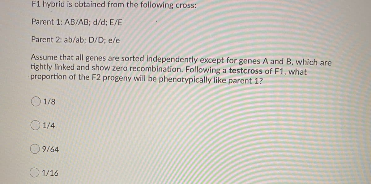 F1 hybrid is obtained from the following cross:
Parent 1: AB/AB; d/d; E/E
Parent 2: ab/ab; D/D; e/e
Assume that all genes are sorted independently except for genes A and B, which are
tightly linked and show zero recombination. Following a testcross of F1, what
proportion of the F2 progeny will be phenotypically like parent 1?
O 1/8
O 1/4
O9/64
O 1/16
