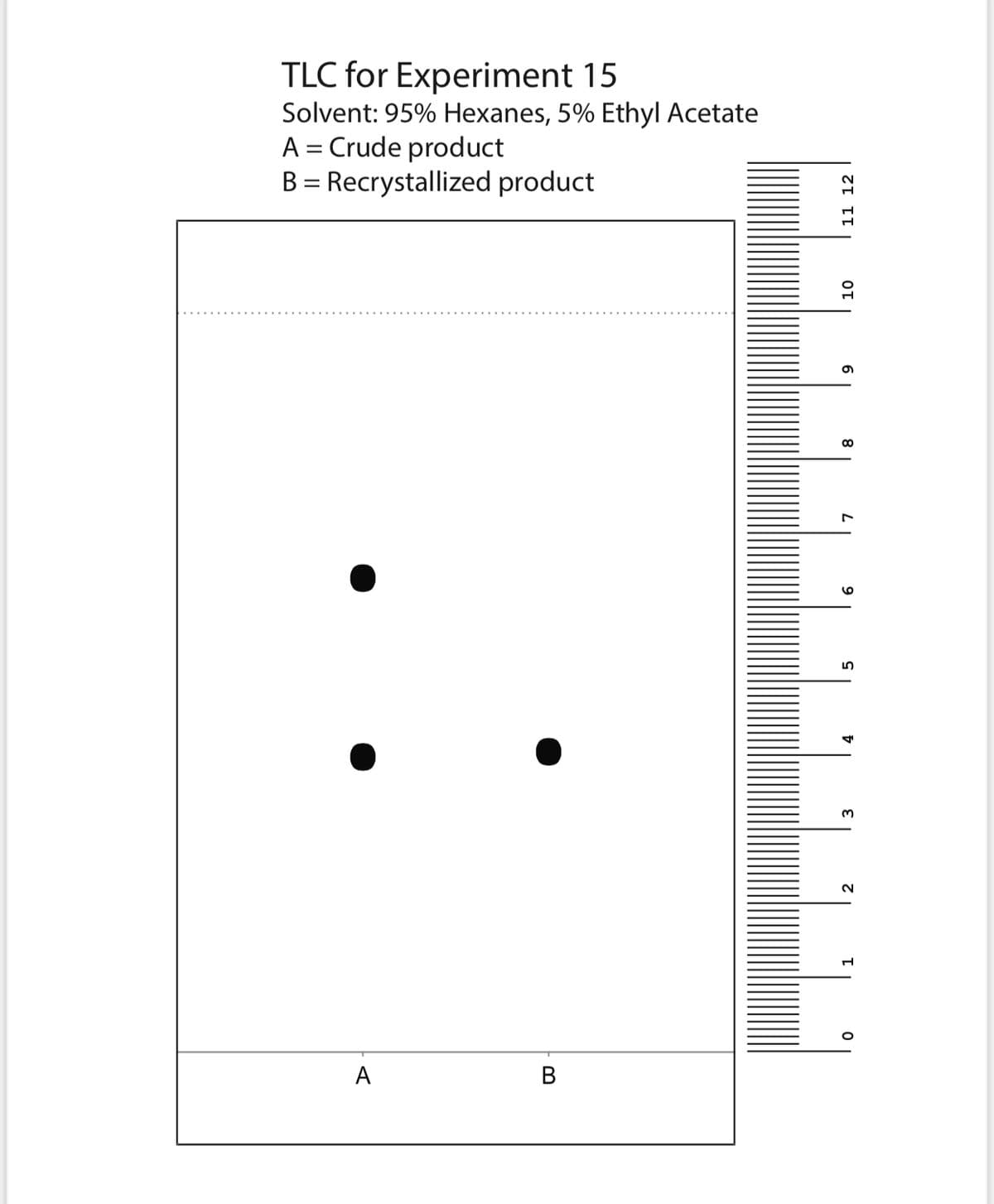 TLC for Experiment 15
Solvent: 95% Hexanes, 5% Ethyl Acetate
A = Crude product
B = Recrystallized product
A
11 12
