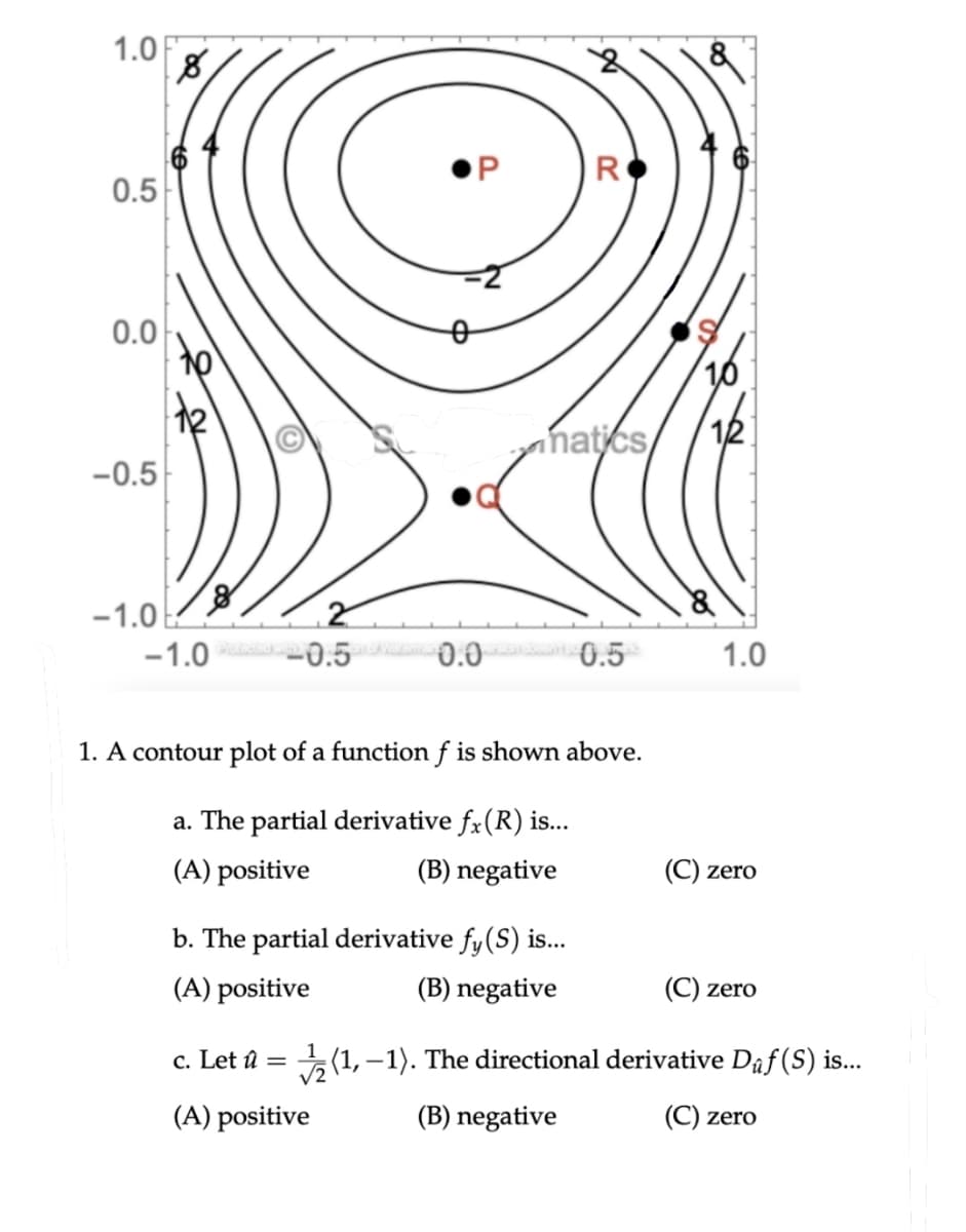 1.0F
R
0.5
0.0
10
natics
12
-0.5
-1.0E
-1.0 O.5 0.0 0.5
1.0
1. A contour plot of a function f is shown above.
a. The partial derivative fx(R) is...
(A) positive
(B) negative
(C) zero
b. The partial derivative fy(S) is...
(A) positive
(B) negative
(C) zero
c. Let û = (1, –1). The directional derivative Daf(S) is...
(A) positive
(B) negative
(C) zero
