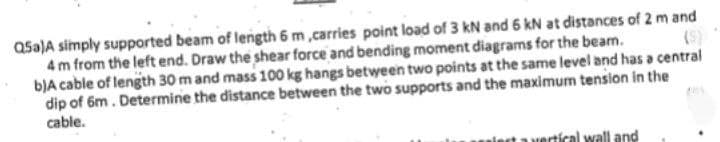 Qsa)A simply supported beam of length 6 m ,carries point load of 3 kN and 6 kN at distances of 2 m and
4m from the left end. Draw the shear force and bending moment diagrams for the beam.
bJA cable of length 30 m and mass 100 kg hangs between two points at the same level and has a central
dip of 6m. Determine the distance between the two supports and the maximum tension in the
cable.
(5)
iect avertícal wall and
