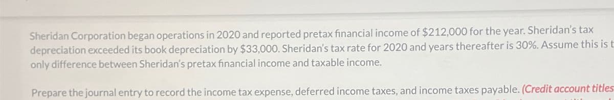 Sheridan Corporation began operations in 2020 and reported pretax financial income of $212,000 for the year. Sheridan's tax
depreciation exceeded its book depreciation by $33,000. Sheridan's tax rate for 2020 and years thereafter is 30%. Assume this is t
only difference between Sheridan's pretax financial income and taxable income.
Prepare the journal entry to record the income tax expense, deferred income taxes, and income taxes payable. (Credit account titles