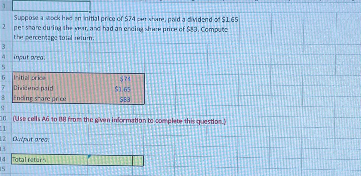 2
Suppose a stock had an initial price of $74 per share, paid a dividend of $1.65
per share during the year, and had an ending share price of $83. Compute
the percentage total return.
3
4
5
6
Initial price
7
Dividend paid
8 Ending share price
9
10 (Use cells A6 to B8 from the given information to complete this question.)
11
Input area:
12 Output area:
13
14 Total return
15
$74
$1.65
$83