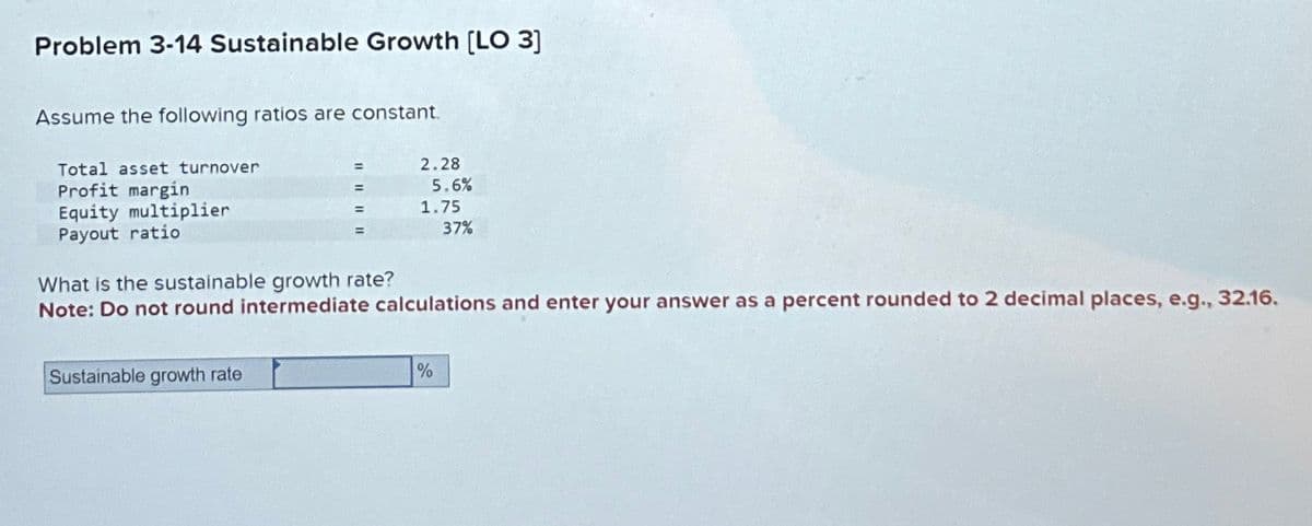 Problem 3-14 Sustainable Growth [LO 3]
Assume the following ratios are constant.
Total asset turnover
Profit margin
Equity multiplier
Payout ratio
=
Sustainable growth rate
=
=
=
2.28
5.6%
1.75
What is the sustainable growth rate?
Note: Do not round intermediate calculations and enter your answer as a percent rounded to 2 decimal places, e.g., 32.16.
37%
%