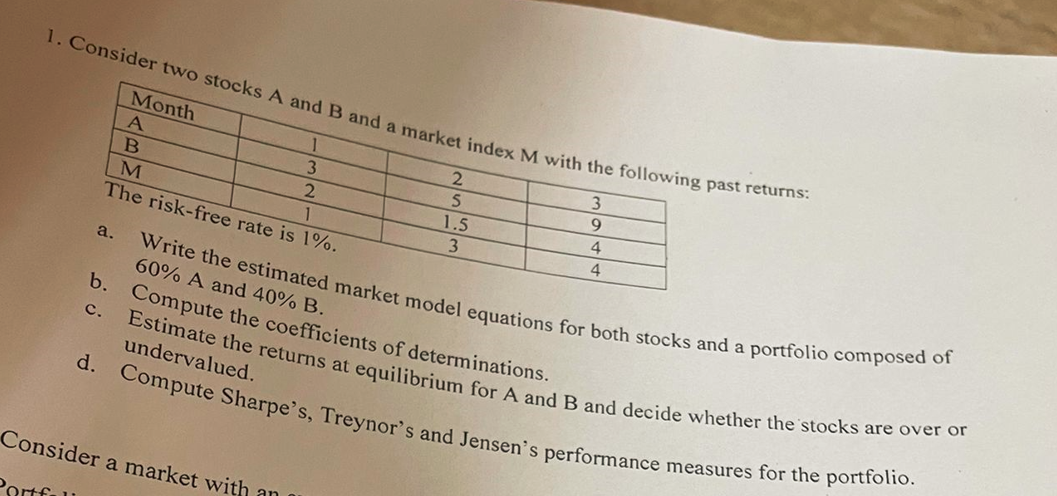 1. Consider two stocks A and B and a market index M with the following past returns:
Month
A
2
3
3
5
9
B
2
M
1.5
4
1
3
4
The risk-free rate is 1%.
a.
Write the estimated market model equations for both stocks and a portfolio composed of
60% A and 40% B.
b. Compute the coefficients of determinations.
C.
Estimate the returns at equilibrium for A and B and decide whether the stocks are over or
undervalued.
d. Compute Sharpe's, Treynor's and Jensen's performance measures for the portfolio.
Consider a market with an