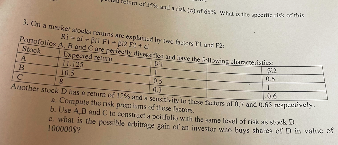 return of 35% and a risk (o) of 65%. What is the specific risk of this
3. On a market stocks returns are explained by two factors F1 and F2:
Ri= ai + Bil F1 + ßi2 F2 + ei
Portofolios
Stock
A, B and C are perfectly diversified and have the following characteristics:
Expected return
Bil
Bi2
A
11.125
1
0.5
B
10.5
0.5
1
C
8
0.3
0.6
Another stock D has a return of 12% and a sensitivity to these factors of 0,7 and 0,65 respectively.
a. Compute the risk premiums of these factors.
b. Use A,B and C to construct a portfolio with the same level of risk as stock D.
c. what is the possible arbitrage gain of an investor who buys shares of D in value of
100000$?