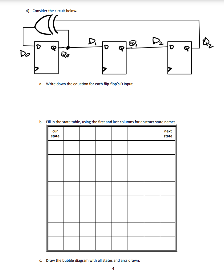 4) Consider the circuit below.
Do
a. Write down the equation for each flip-flop's D input
b. Fill in the state table, using the first and last columns for abstract state names
cur
next
state
state
C.
Draw the bubble diagram with all states and arcs drawn.
