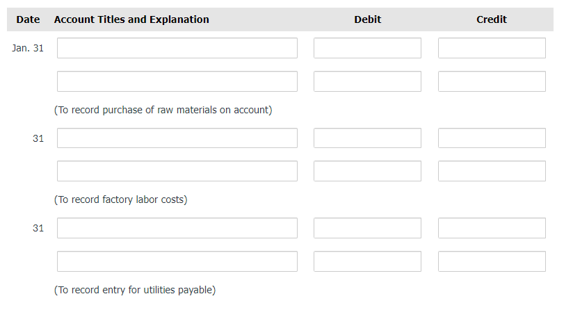 Date
Account Titles and Explanation
Debit
Credit
Jan. 31
(To record purchase of raw materials on account)
31
(To record factory labor costs)
31
(To record entry for utilities payable)
