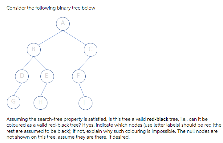 Consider the following binary tree below
A
E
G
H
Assuming the search-tree property is satisfied, is this tree a valid red-black tree, i.e., can it be
coloured as a valid red-black tree? If yes, indicate which nodes (use letter labels) should be red (the
rest are assumed to be black); if not, explain why such colouring is impossible. The null nodes are
not shown on this tree, assume they are there, if desired.
