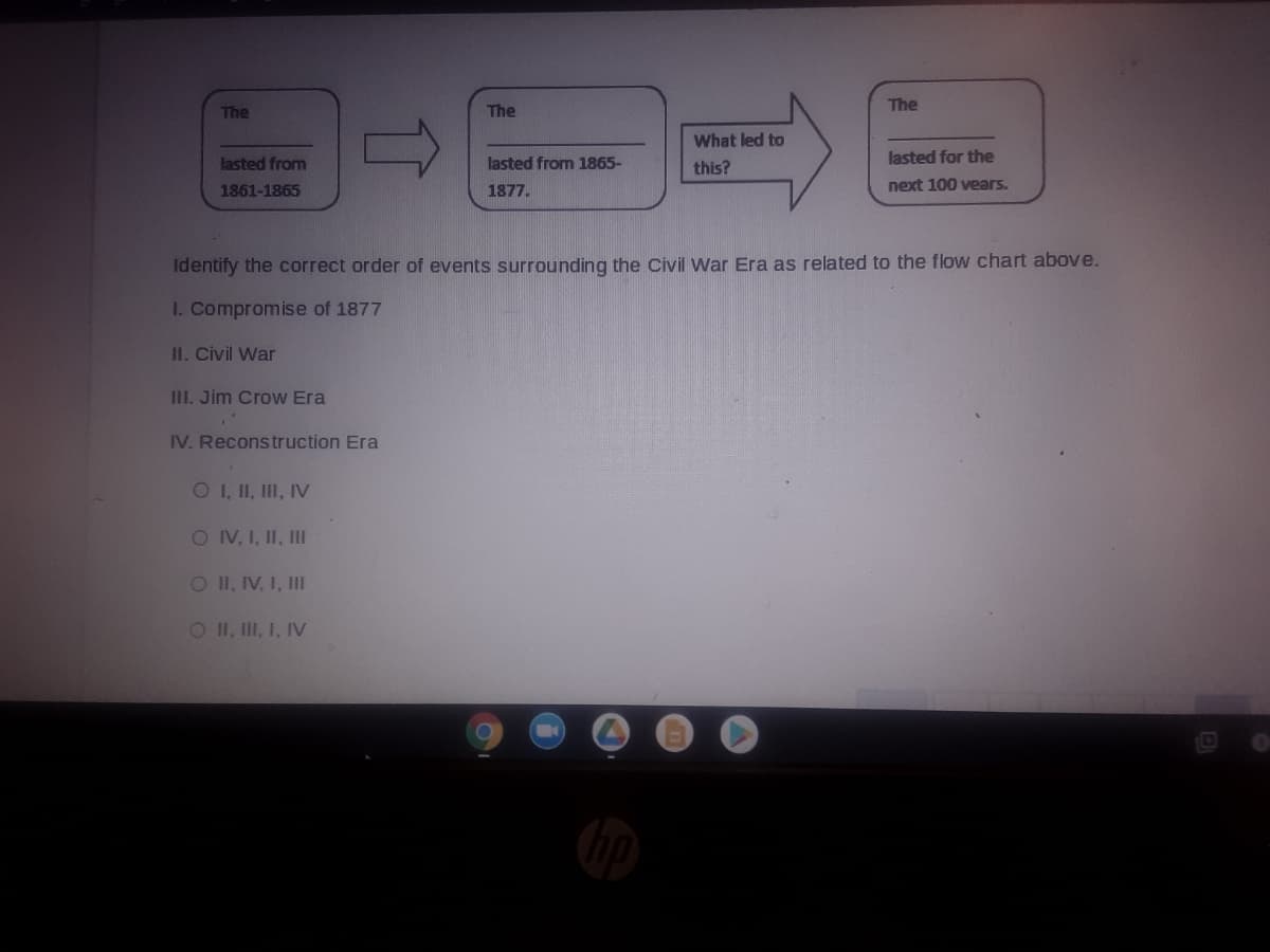 The
The
The
What led to
lasted from
lasted from 1865-
lasted for the
this?
1361-1865
1877.
next 100 vears.
Identify the correct order of events surrounding the Civil War Era as related to the flow chart above.
I. Compromise of 1877
II. Civil War
1II. Jim Crow Era
IV. Reconstruction Era
OI, II, II, IV
OV, I, II, III
O II, IV, I, II
O II, II, I, IV
