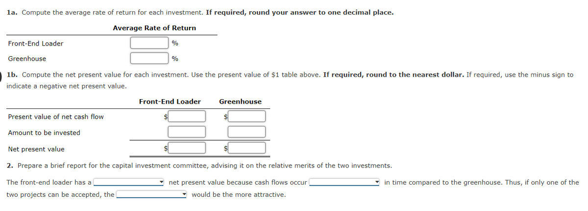 1a. Compute the average rate of return for each investment. If required, round your answer to one decimal place.
Average Rate of Return
Front-End Loader
Greenhouse
Present value of net cash flow
1b. Compute the net present value for each investment. Use the present value of $1 table above. If required, round to the nearest dollar. If required, use the minus sign to
indicate a negative net present value.
Amount to be invested
%
%
The front-end loader has a
two projects can be accepted, the
Front-End Loader
Greenhouse
Net present value
2. Prepare a brief report for the capital investment committee, advising it on the relative merits of the two investments.
net present value because cash flows occur
would be the more attractive.
$
in time compared to the greenhouse. Thus, if only one of the