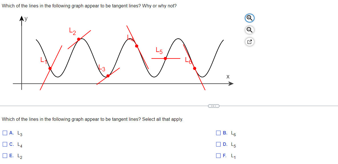 Which of the lines in the following graph appear to be tangent lines? Why or why not?
[www.
Which of the lines in the following graph appear to be tangent lines? Select all that apply.
A. L3
C. L4
E. L₂
X
B. L6
D. L5
OF. L₁
Q
✓