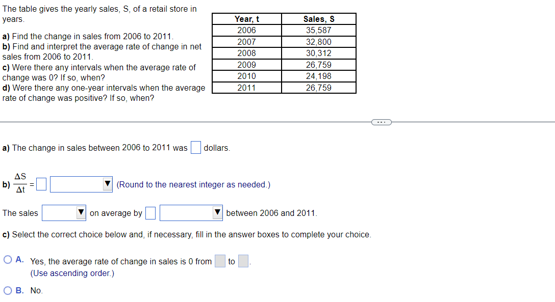 The table gives the yearly sales, S, of a retail store in
years.
a) Find the change in sales from 2006 to 2011.
b) Find and interpret the average rate of change in net
sales from 2006 to 2011.
c) Were there any intervals when the average rate of
change was 0? If so, when?
d) Were there any one-year intervals when the average
rate of change was positive? If so, when?
a) The change in sales between 2006 to 2011 was
b)
AS
At
The sales
dollars.
Year, t
2006
OB. No.
2007
2008
2009
2010
2011
(Round to the nearest integer as needed.)
on average by
c) Select the correct choice below and, if necessary, fill in the answer boxes to complete your choice.
O A. Yes, the average rate of change in sales is 0 from to
(Use ascending order.)
Sales, S
35,587
32,800
30,312
26,759
24,198
26.759
between 2006 and 2011.