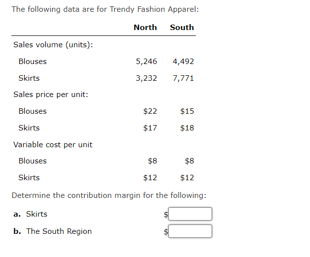 The following data are for Trendy Fashion Apparel:
North South
Sales volume (units):
Blouses
Skirts
Sales price per unit:
5,246 4,492
3,232
7,771
Blouses
Skirts
Variable cost per unit
Blouses
$8
$8
Skirts
$12
$12
Determine the contribution margin for the following:
a. Skirts
b. The South Region
$22
$17
$15
$18