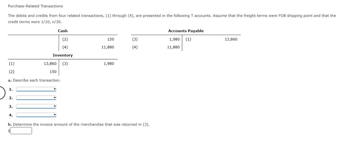 Purchase-Related Transactions
The debits and credits from four related transactions, (1) through (4), are presented in the following T accounts. Assume that the freight terms were FOB shipping point and that the
credit terms were 1/10, n/30.
(1)
(2)
a. Describe each transaction.
1.
2.
3.
Cash
(2)
(4)
Inventory
(3)
4.
13,860
150
150
11,880
1,980
(3)
(4)
b. Determine the invoice amount of the merchandise that was returned in (3).
Accounts Payable
1,980 (1)
11,880
13,860