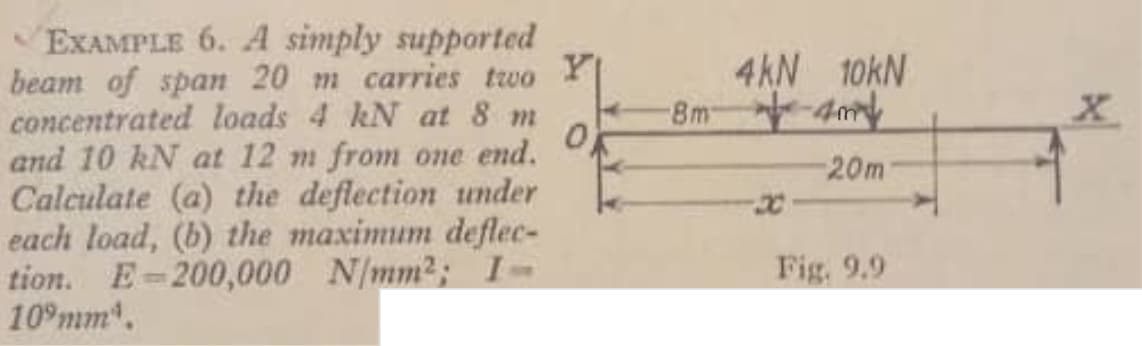 EXAMPLE 6. A simply supported
beam of span 20 m carries two Y
concentrated loads 4 kN at 8 m
and 10 kN at 12 m from one end.
Calculate (a) the deflection under
each load, (b) the maximum deflec-
tion. E-200,000 N/mm2; I-
109mm.
4kN 10KN
8m -4m
20m
Fig. 9.9
