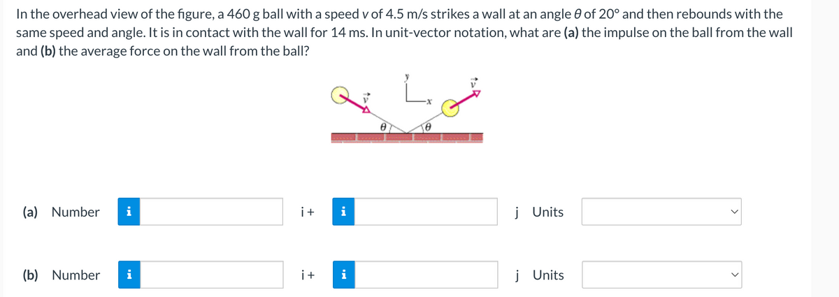 In the overhead view of the figure, a 460 g ball with a speed v of 4.5 m/s strikes a wall at an angle 0 of 20° and then rebounds with the
same speed and angle. It is in contact with the wall for 14 ms. In unit-vector notation, what are (a) the impulse on the ball from the wall
and (b) the average force on the wall from the ball?
(a) Number i
(b) Number
i+
т
i+
i
i
·X
0
j Units
j Units
>