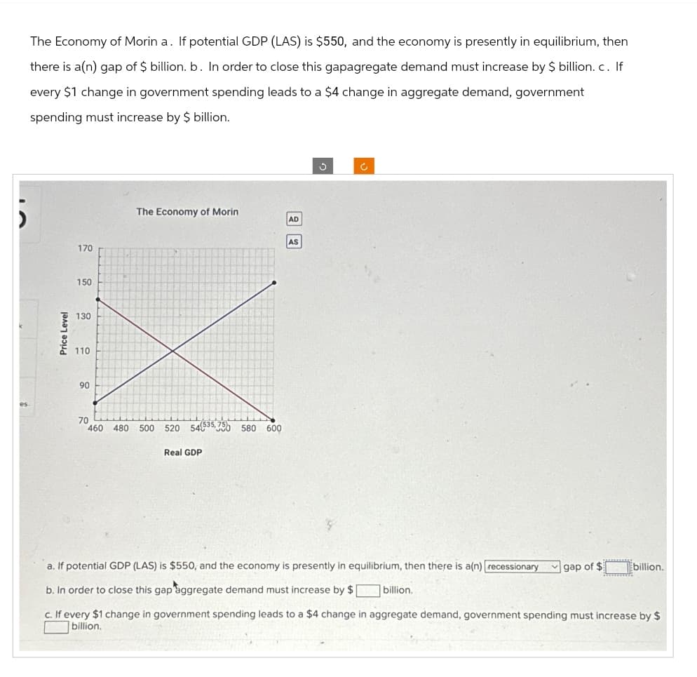 es
The Economy of Morin a. If potential GDP (LAS) is $550, and the economy is presently in equilibrium, then
there is a(n) gap of $ billion. b. In order to close this gapagregate demand must increase by $ billion. c. If
every $1 change in government spending leads to a $4 change in aggregate demand, government
spending must increase by $ billion.
Price Level
170
150
130
110
90
70
The Economy of Morin
460 480 500
520 54 535,750 580 600
Real GDP
AD
AS
g
Ć
a. If potential GDP (LAS) is $550, and the economy is presently in equilibrium, then there is a(n) [recessionary
b. In order to close this gap aggregate demand must increase by $
**********
gap of $3
billion.
..........
billion.
c. If every $1 change in government spending leads to a change in aggregate demand, government spending must increase by $
billion.