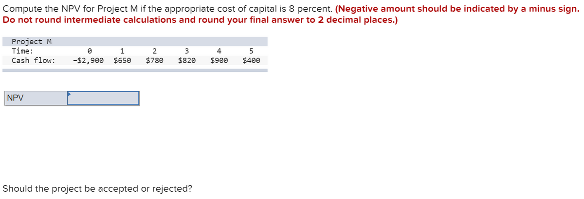 Compute the NPV for Project M if the appropriate cost of capital is 8 percent. (Negative amount should be indicated by a minus sign.
Do not round intermediate calculations and round your final answer to 2 decimal places.)
Project M
Time:
1
3
4
5
Cash flow:
-$2,900
$650
$780
$820
$900
$400
NPV
Should the project be accepted or rejected?
