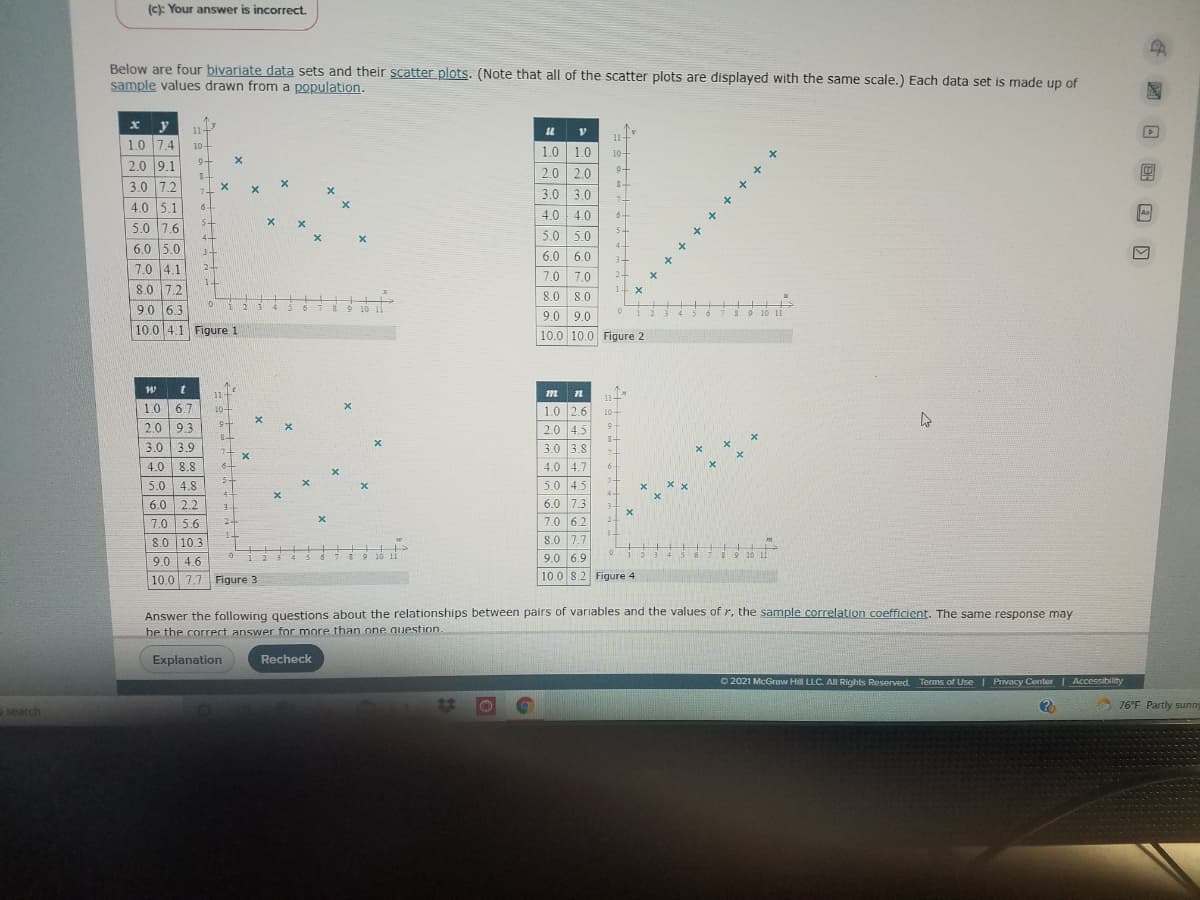 (c): Your answer is incorrect.
Below are four bivariate data sets and their scatter plots. (Note that all of the scatter plots are displayed with the same scale.) Each data set is made up of
sample values drawn from a population.
x y
1.0 7.4
11-
10+
1.0
1.0
10-
2.0 9.1
3.0 7.2
4.0 5.1
2.0
2.0
7+
3.0 3.0
7-
64
4.0
4.0
5.0 7.6
5+
5+
4-
5.0
5.0
6.0 5.0
6.0 6.0
7.0 4.1
7.0
7.0
2.
80 72
1- X
8.0 8.0
9.0 6.3
e 10 I1
17
10 11
9.0
9.0
10.0 4.1 Figure 1
10.0 10.0 Figure 2
11-
11-
1.0
6.7
10-
1.0 2.6
10-
2.0 9.3
2.0 4.5
9-
3.0 3.9
3.0 3.8
7+
4.0
8.8
4.0 4.7
5-
5.0 4.5
6-
5.0 4.8
6.0 7.3
7.0 6.2
6.0
2.2
3-
2+
1.
7.0 5.6
8.0 10.3
8.0 7.7
10 11
9.0 6.9
1 2
9 10 11
9.0 4.6
10.0 7.7 Figure 3
|10.0 8.2 Figure 4
Answer the following questions about the relationships between pairs of variables and the values of r, the sample correlation coefficient. The same response may
be the corTrect answer for more than one question.
Explanation
Recheck
O 2021 McGraw Hill LLC. Al Rights Reserved.
. Terms of Use I Privacy Center| Accessibility
A 76°F Partly sunny
search
国 口 国 口 回
