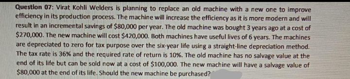 Question 07: Virat Kohli Welders is planning to replace an old machine with a new one to improve
efficiency in its production process. The machine will increase the efficiency as it is more modern and will
result in an incremental savings of $80,000 per year. The old machine was bought 3 years ago at a cost of
$270,000. The new machine will cost $420,000. Both machines have useful lives of 6 years. The machines
are depreciated to zero for tax purpose over the six-year life using a straight-line depreciation method.
The tax rate is 36% and the required rate of return is 10%. The old machine has no salvage value at the
end of its life but can be sold now at a cost of $100,000. The new machine will have a salvage value of
$80,000 at the end of its life. Should the new machine be purchased?
