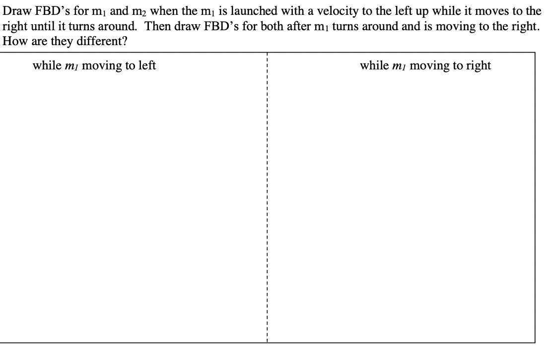 Draw FBD's for m1 and m2 when the m1 is launched with a velocity to the left up while it moves to the
right until it turns around. Then draw FBD's for both after mị turns around and is moving to the right.
How are they different?
while mi moving to left
while mi moving to right
