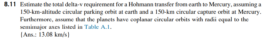 8.11 Estimate the total delta-v requirement for a Hohmann transfer from earth to Mercury, assuming a
150-km-altitude circular parking orbit at earth and a 150-km circular capture orbit at Mercury.
Furthermore, assume that the planets have coplanar circular orbits with radii equal to the
semimajor axes listed in Table A.1.
{Ans.: 13.08 km/s}
