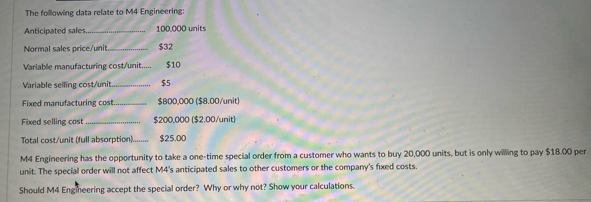 The following data relate to M4 Engineering:
Anticipated sales...
Normal sales price/unit..
Variable manufacturing cost/unit......
Variable selling cost/unit..
Fixed manufacturing cost..
Fixed selling cost
Total cost/unit (full absorption).........
100,000 units
$32
$10
$5
$800,000 ($8.00/unit)
$200,000 ($2.00/unit)
$25.00
M4 Engineering has the opportunity to take a one-time special order from a customer who wants to buy 20,000 units, but is only willing to pay $18.00 per
unit. The special order will not affect M4's anticipated sales to other customers or the company's fixed costs.
Should M4 Engineering accept the special order? Why or why not? Show your calculations.