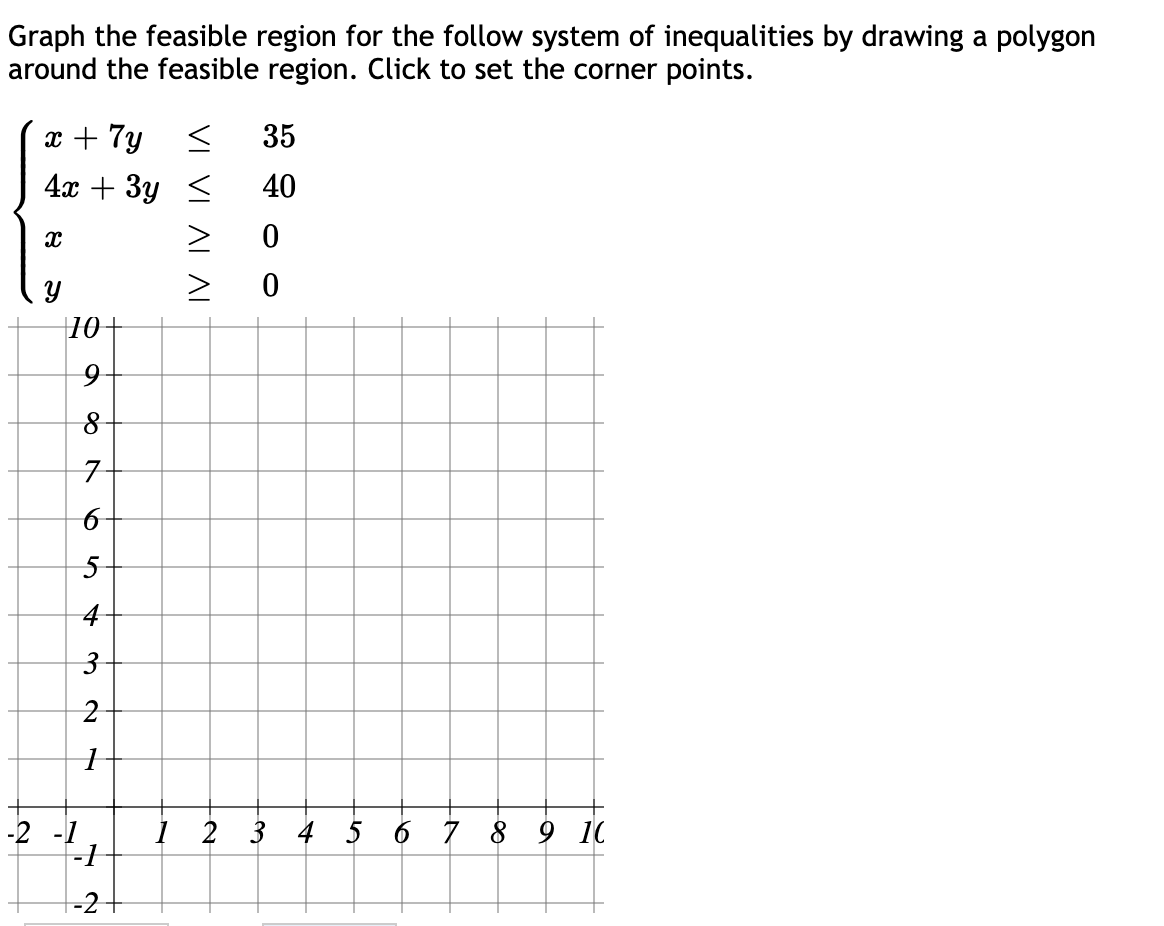 Graph the feasible region for the follow system of inequalities by drawing a polygon
around the feasible region. Click to set the corner points.
x + 7y
35
4x + 3y <
40
X
0
Y
0
10+
9
8
7
6
5
4
3
2
1
1 2 3 4 5 6 7 8 9 10
-2 -1
-2+
VI VI
ΛΙ ΛΙ